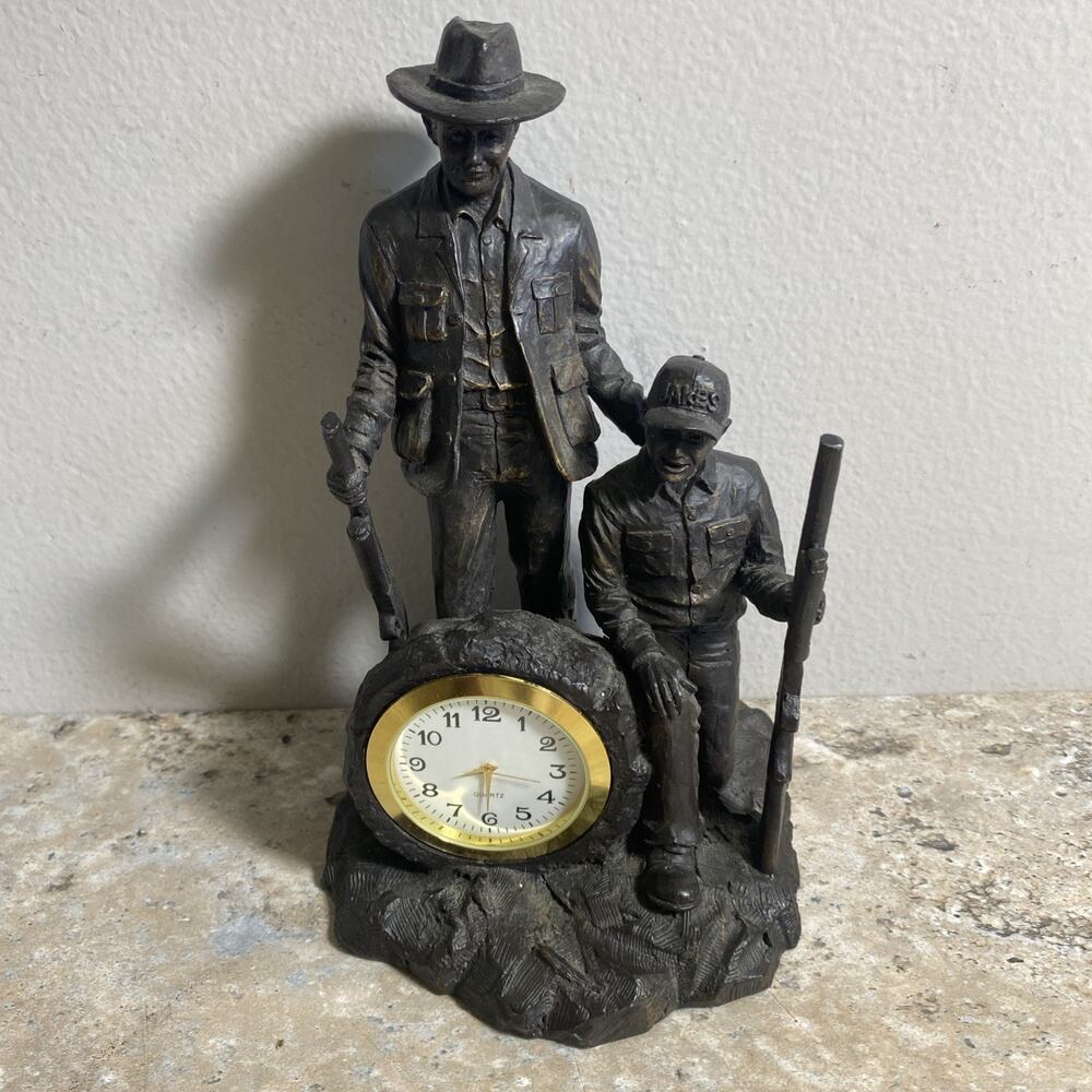 RARE Mantel /Desk Clock Pewter Two Hunters With Guns 8" X 4" Inches WORKS